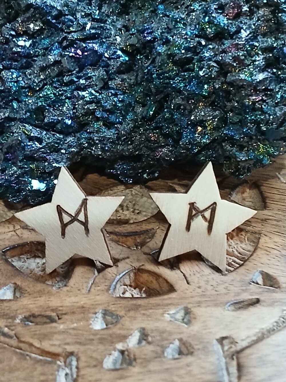 Manaz: Norse Runes wood burned stars hypoallergenic earrings